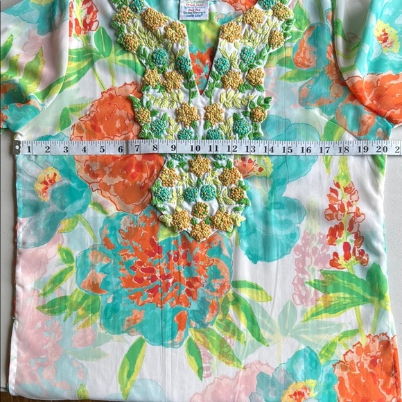 Gretchen Scott Designs Floral Tunic Blouse 3/4 Sleeve Crochet Knit Flowers - Picture 12 of 16